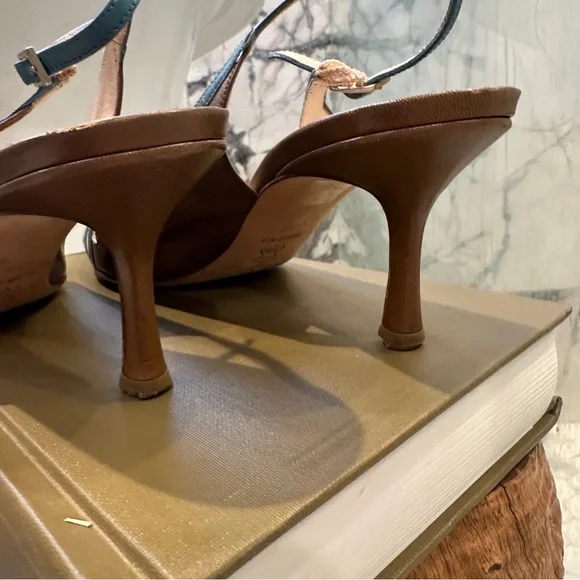 Jimmy Choo | 8 | Slingback Pumps Brown Teal Cutout Leather Pointed Toe 3” Heel - Picture 8 of 16